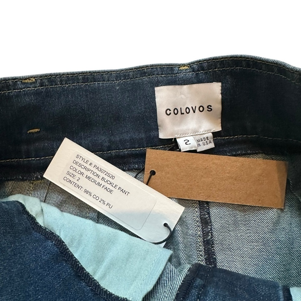 Colovos Jeans Buckle Waist Blue Denim Straight Barrel Leg Size 2 Extra Small New - Picture 7 of 9